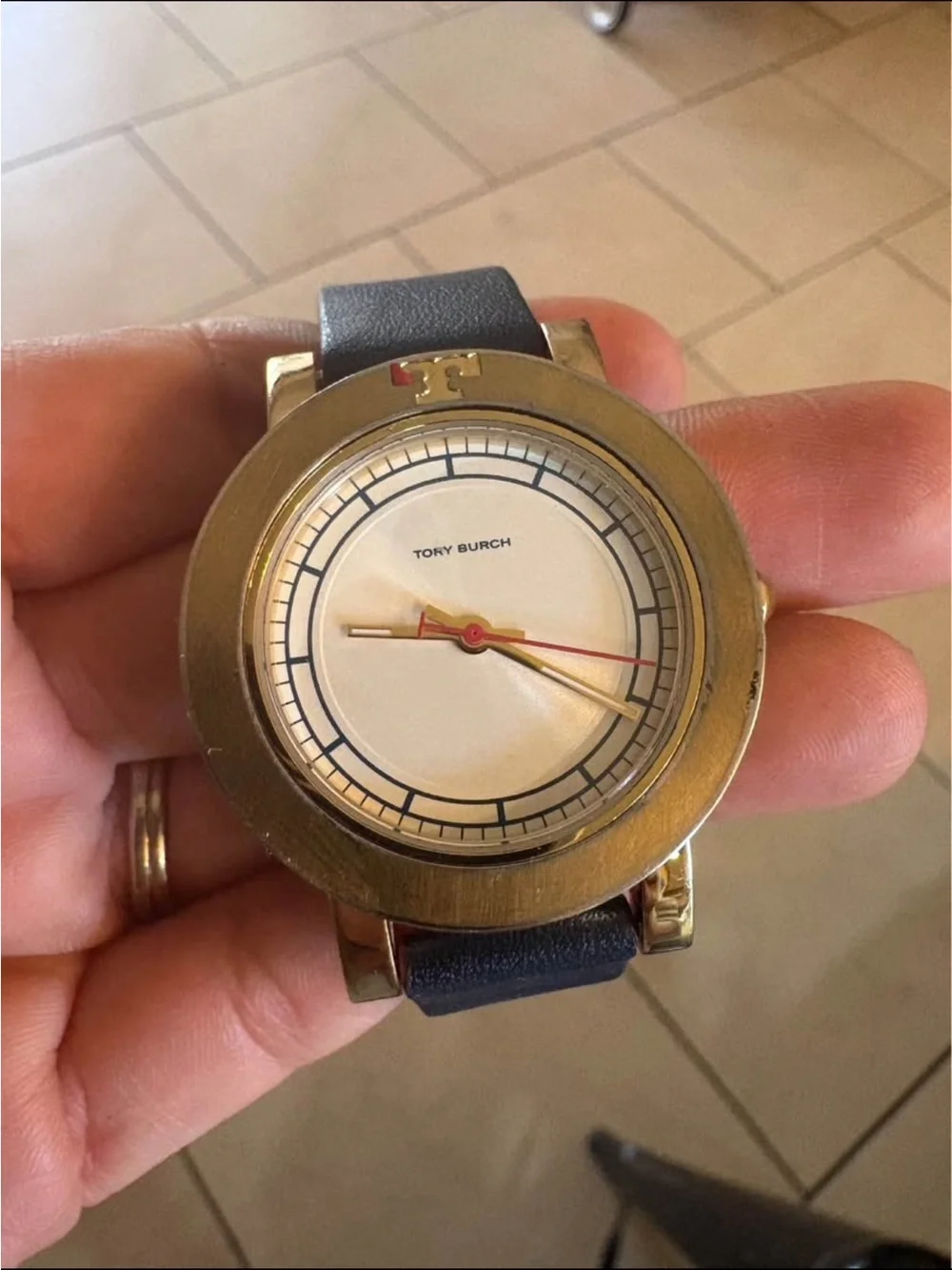 Tory Burch Gold-Tone Case Cream Dial Navy Leather Strap Watch